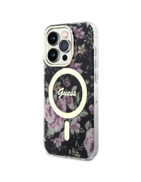 Guess Flower MagSafe dėklas iPhone 14 Pro - juodas