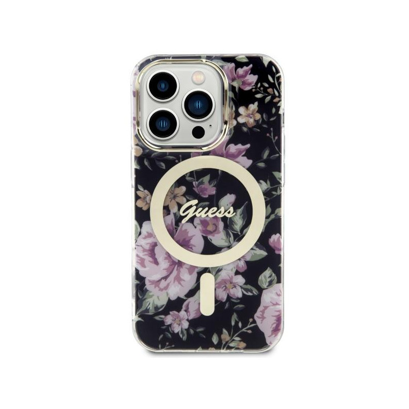 Guess Flower MagSafe dėklas iPhone 14 Pro - juodas