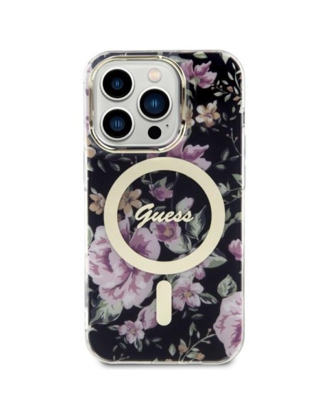 Guess Flower MagSafe dėklas iPhone 14 Pro - juodas