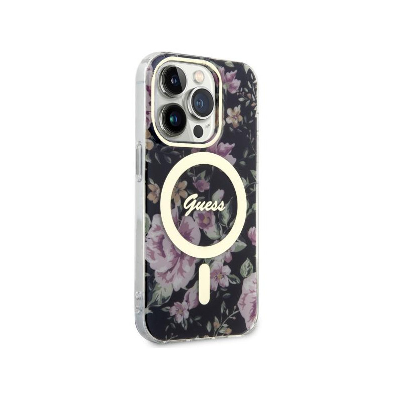 Guess Flower MagSafe dėklas iPhone 14 Pro - juodas