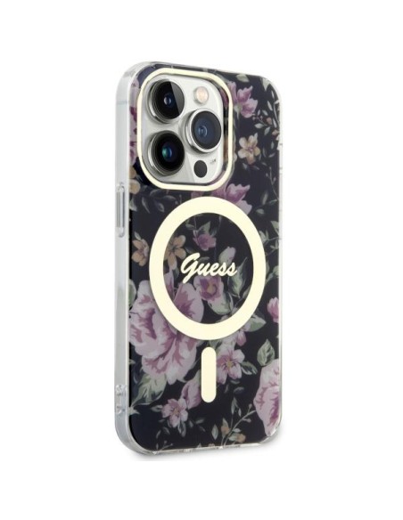Guess Flower MagSafe dėklas iPhone 14 Pro - juodas