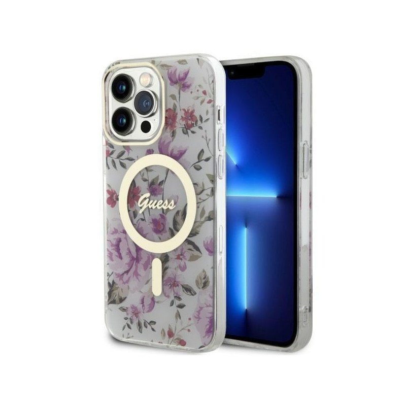 Guess Flower MagSafe dėklas iPhone 14 Pro - skaidrus