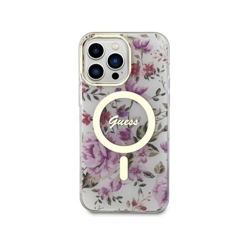 Guess Flower MagSafe dėklas iPhone 14 Pro - skaidrus