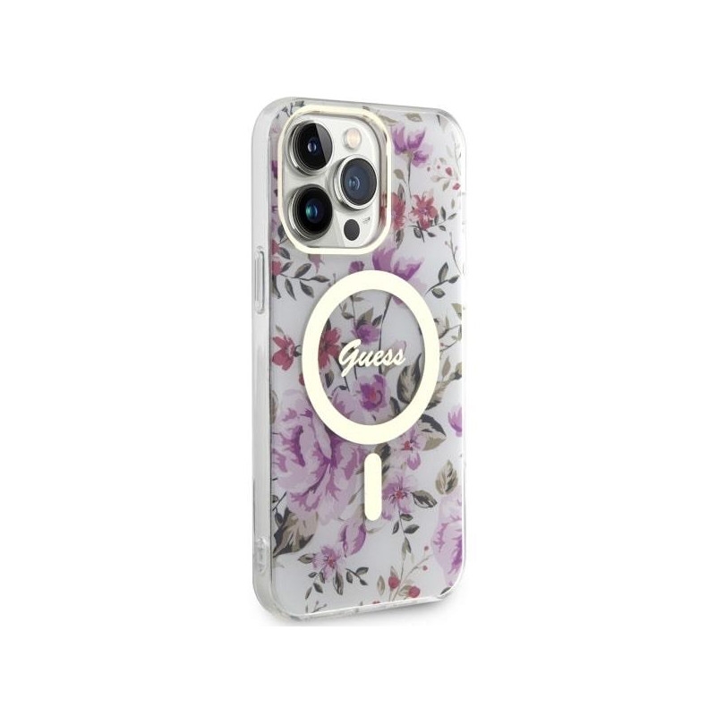 Guess Flower MagSafe dėklas iPhone 14 Pro - skaidrus