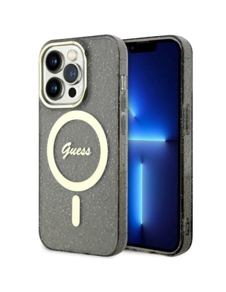 Guess Glitter Gold MagSafe dėklas iPhone 14 Pro - juodas