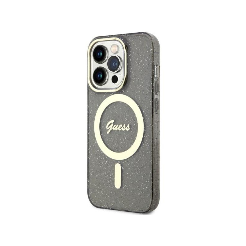Guess Glitter Gold MagSafe dėklas iPhone 14 Pro - juodas