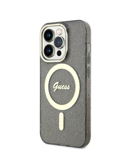 Guess Glitter Gold MagSafe dėklas iPhone 14 Pro - juodas
