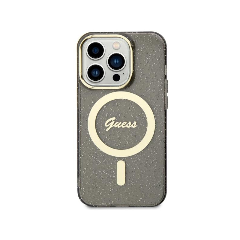 Guess Glitter Gold MagSafe dėklas iPhone 14 Pro - juodas