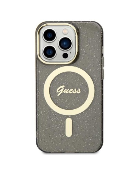 Guess Glitter Gold MagSafe dėklas iPhone 14 Pro - juodas