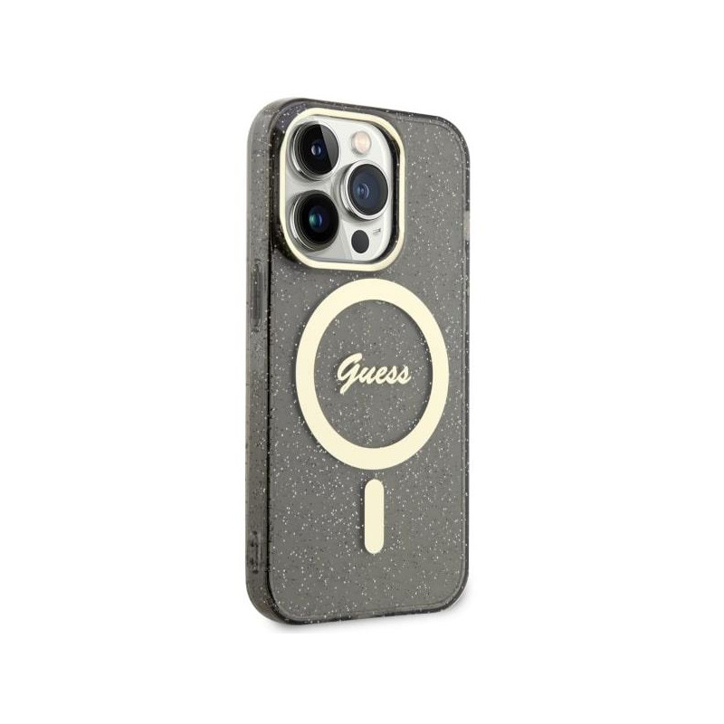 Guess Glitter Gold MagSafe dėklas iPhone 14 Pro - juodas