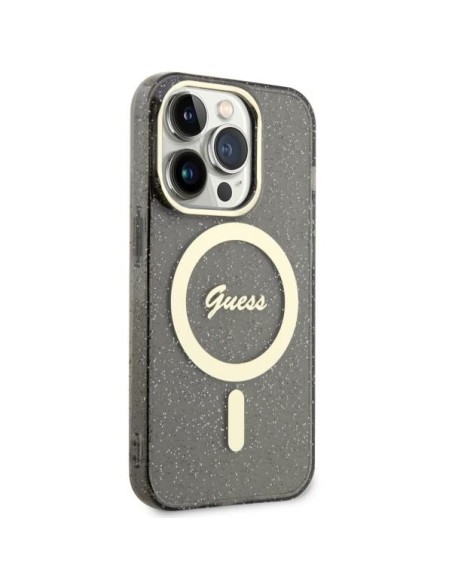 Guess Glitter Gold MagSafe dėklas iPhone 14 Pro - juodas