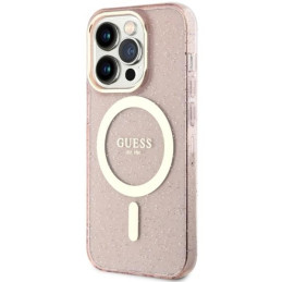 Guess Glitter Gold MagSafe dėklas iPhone 14 Pro - rožinis