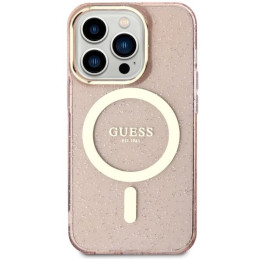 Guess Glitter Gold MagSafe dėklas iPhone 14 Pro - rožinis