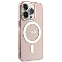 Guess Glitter Gold MagSafe dėklas iPhone 14 Pro - rožinis