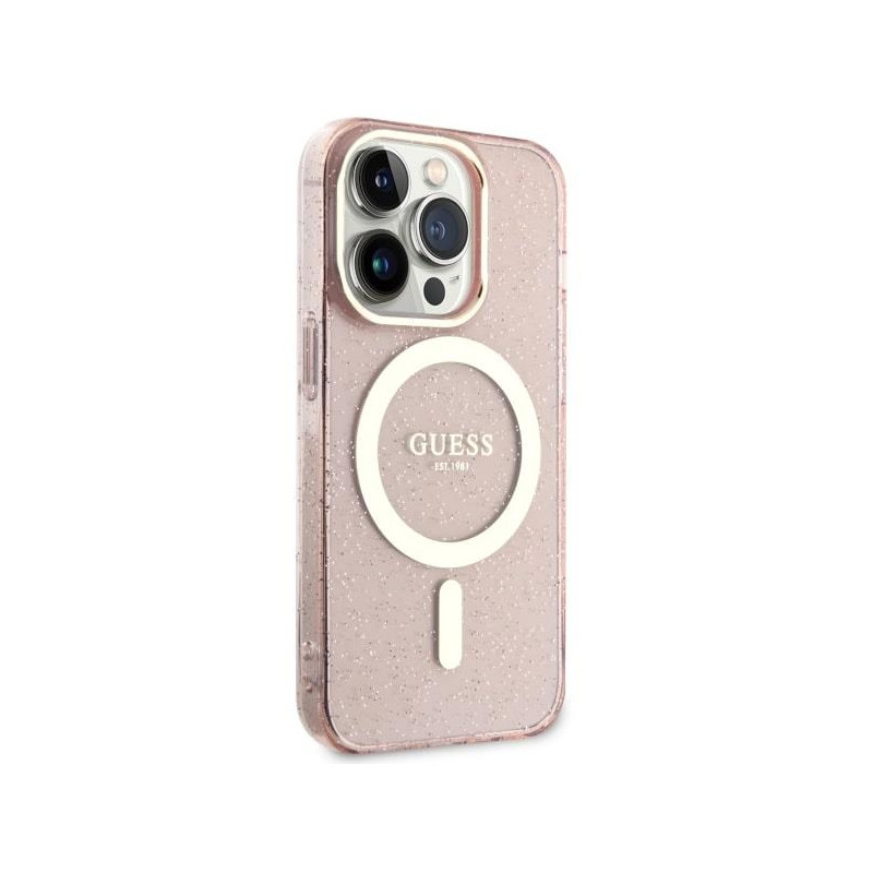 Guess Glitter Gold MagSafe dėklas iPhone 14 Pro - rožinis