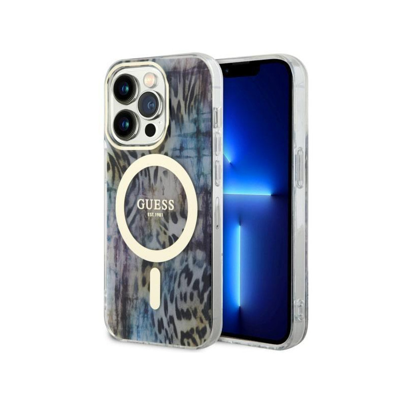 Guess Leopard MagSafe dėklas iPhone 14 Pro - mėlynas