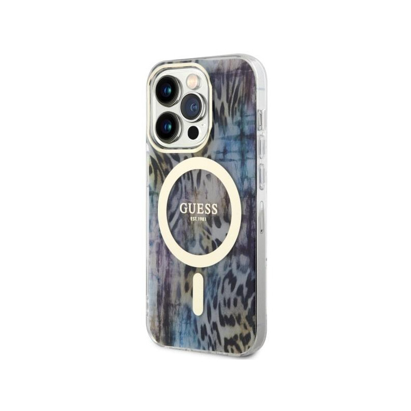 Guess Leopard MagSafe dėklas iPhone 14 Pro - mėlynas