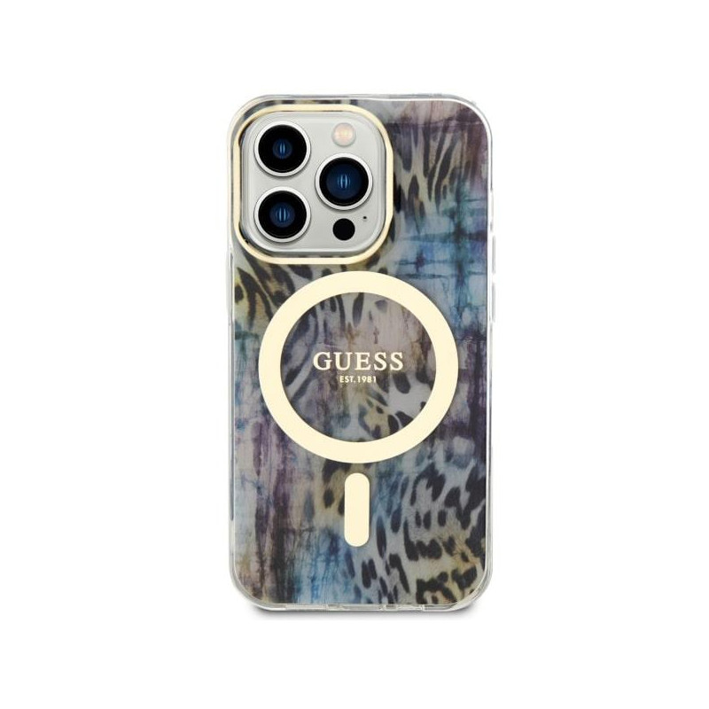 Guess Leopard MagSafe dėklas iPhone 14 Pro - mėlynas