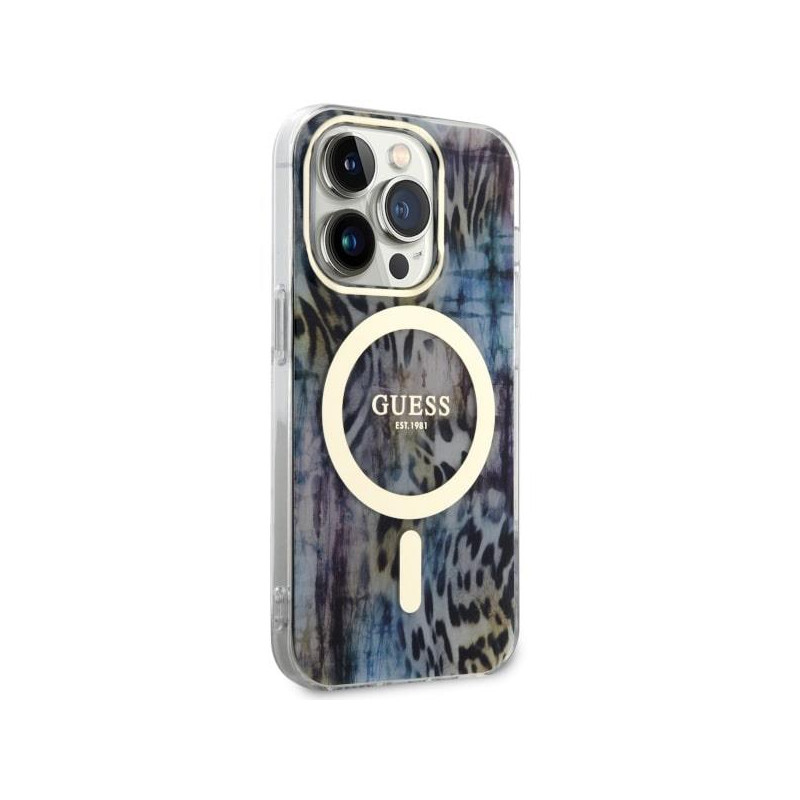 Guess Leopard MagSafe dėklas iPhone 14 Pro - mėlynas