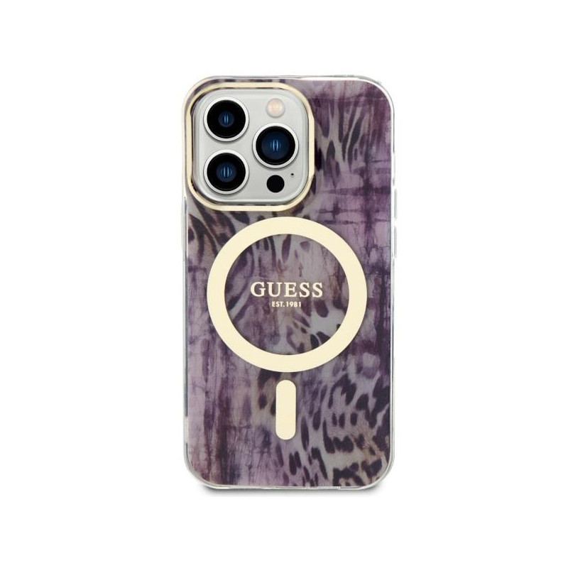 Guess Leopard MagSafe dėklas iPhone 14 Pro - rožinis