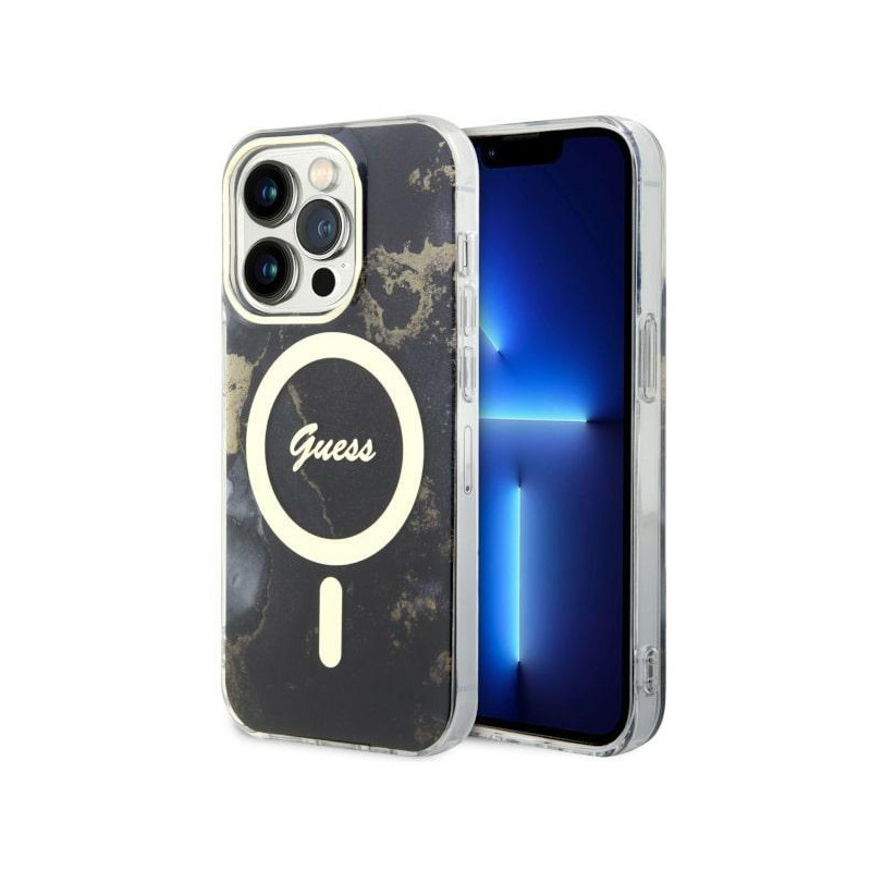 Guess Golden Marble MagSafe dėklas iPhone 14 Pro - juodas