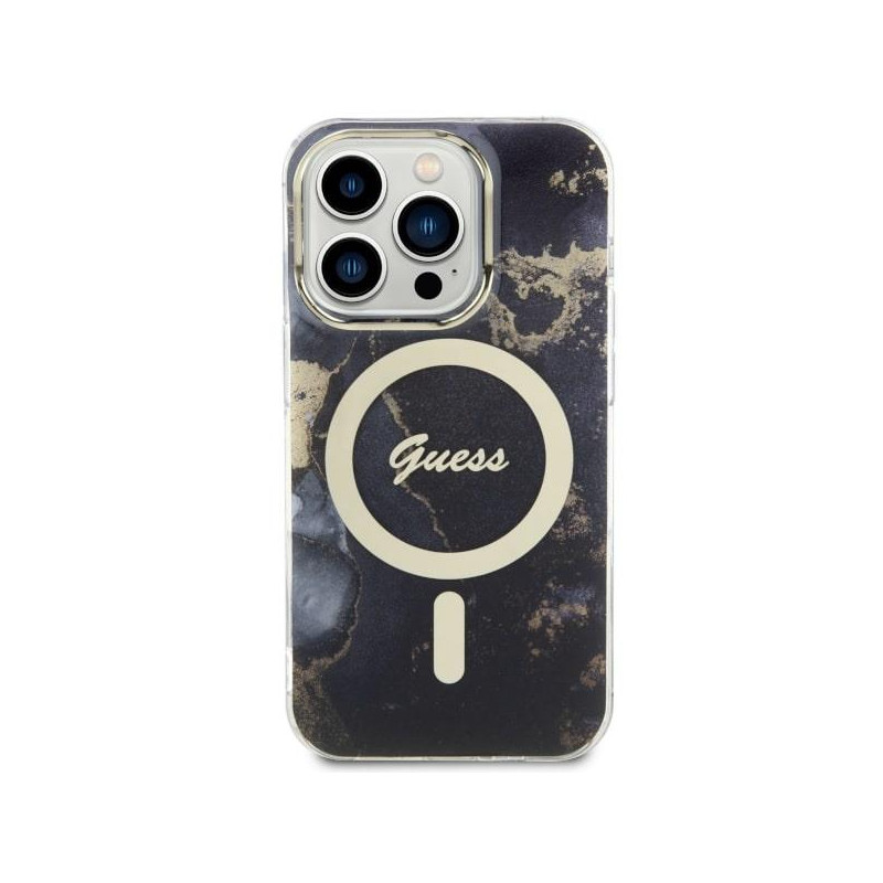Guess Golden Marble MagSafe dėklas iPhone 14 Pro - juodas