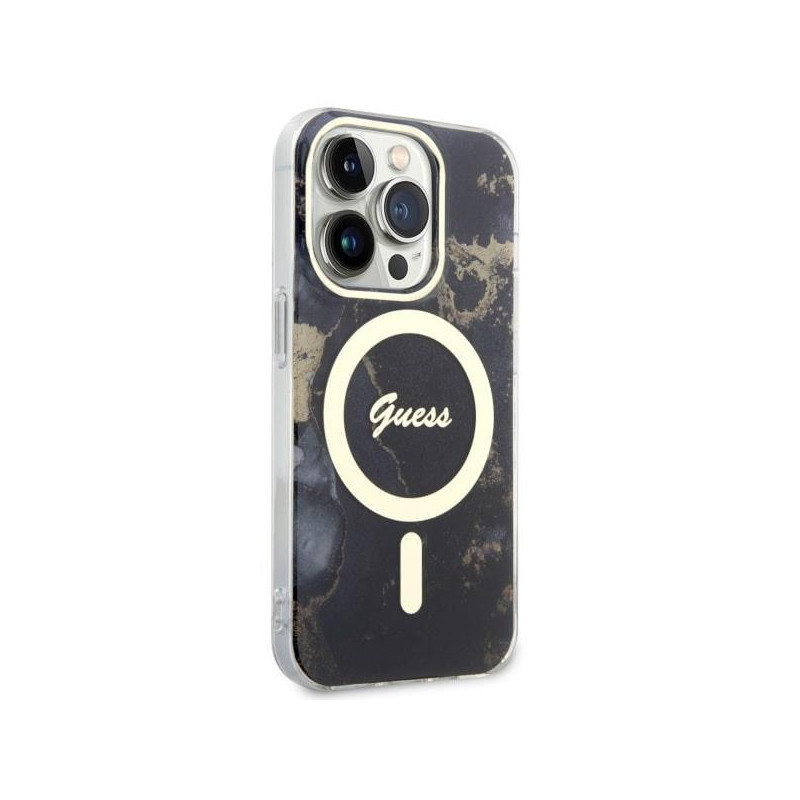 Guess Golden Marble MagSafe dėklas iPhone 14 Pro - juodas