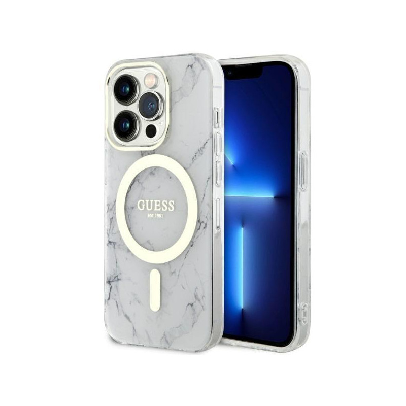Guess Marble MagSafe dėklas iPhone 14 Pro - baltas