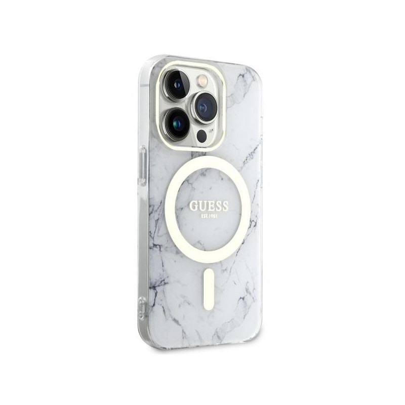 Guess Marble MagSafe dėklas iPhone 14 Pro - baltas