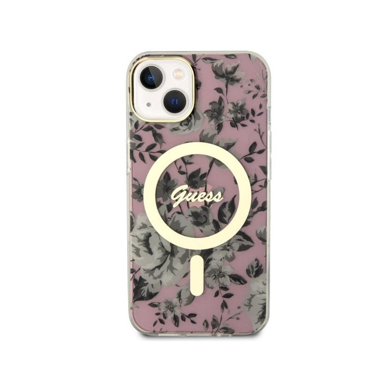 Guess Flower MagSafe dėklas iPhone 14 Plus - rožinis