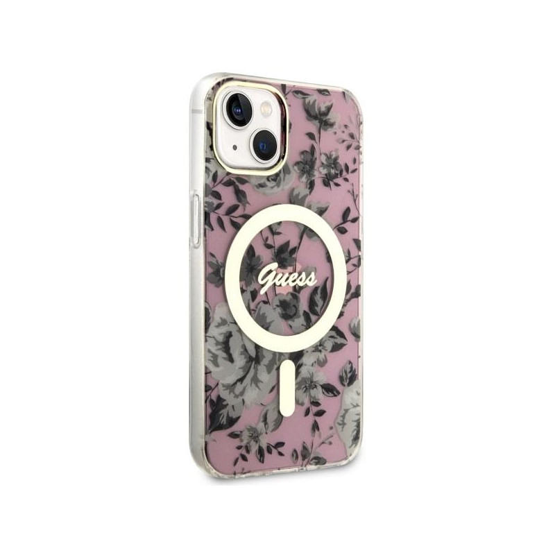 Guess Flower MagSafe dėklas iPhone 14 Plus - rožinis