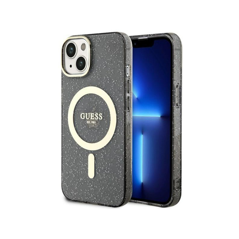 Guess Glitter Gold MagSafe dėklas iPhone 14 Plus - juodas Guess Glitter Gold MagSafe dėklas iPhone 14 Plus - juodas