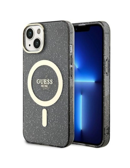 Guess Glitter Gold MagSafe dėklas iPhone 14 Plus - juodas