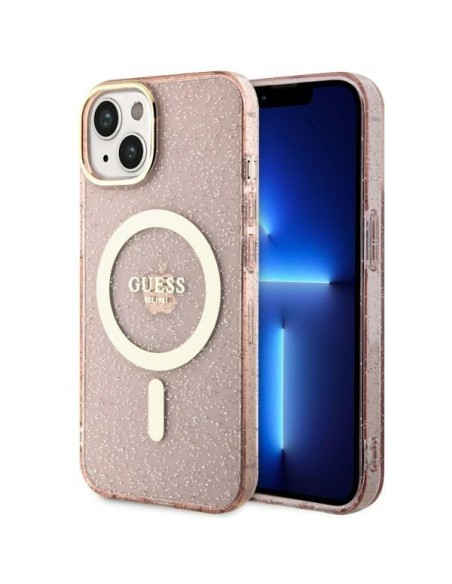 Guess Glitter Gold MagSafe dėklas iPhone 14 Plus - rožinis Guess Glitter Gold MagSafe dėklas iPhone 14 Plus - rožinis