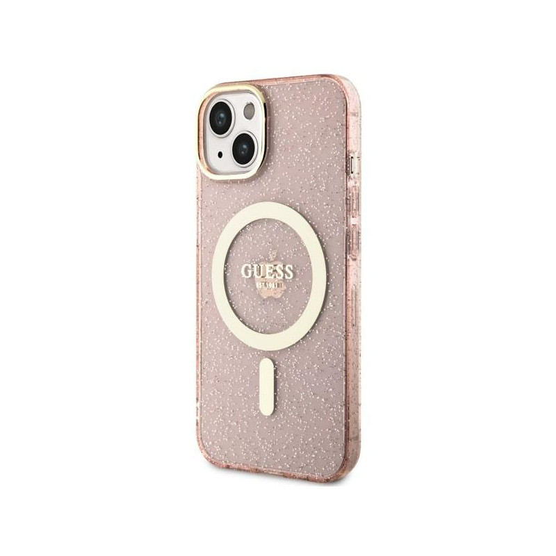 Guess Glitter Gold MagSafe dėklas iPhone 14 Plus - rožinis