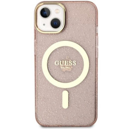 Guess Glitter Gold MagSafe dėklas iPhone 14 Plus - rožinis