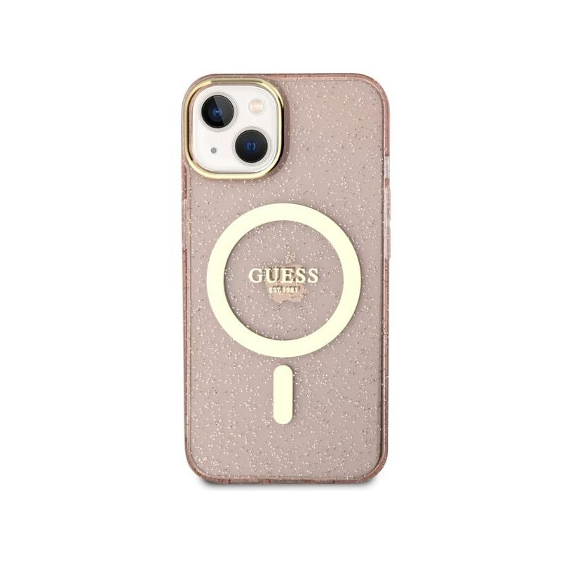 Guess Glitter Gold MagSafe dėklas iPhone 14 Plus - rožinis