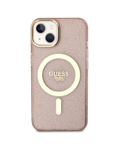 Guess Glitter Gold MagSafe dėklas iPhone 14 Plus - rožinis Guess Glitter Gold MagSafe dėklas iPhone 14 Plus - rožinis