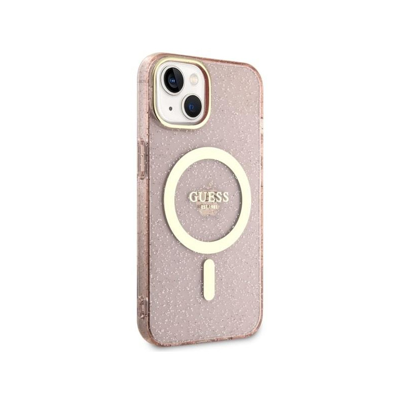 Guess Glitter Gold MagSafe dėklas iPhone 14 Plus - rožinis