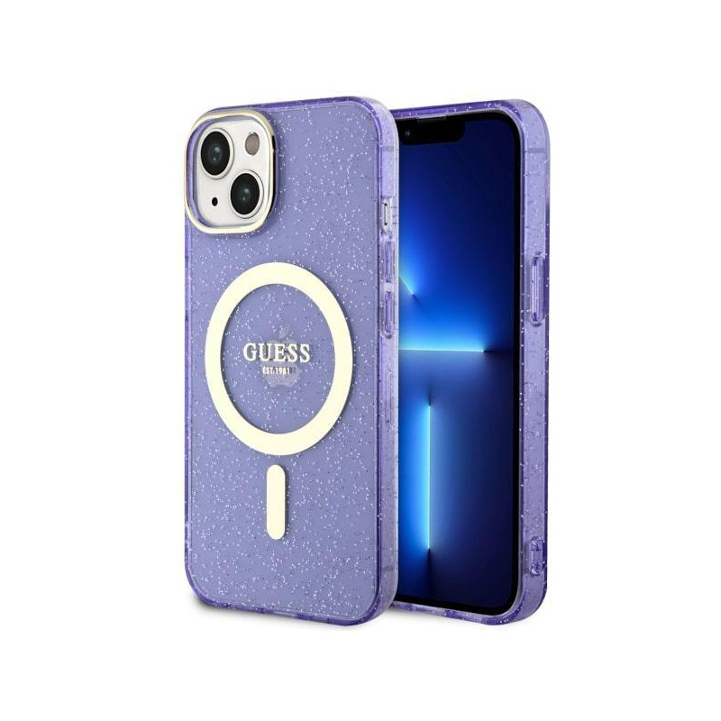 Guess Glitter Gold MagSafe dėklas iPhone 14 Plus - violetinis Guess Glitter Gold MagSafe dėklas iPhone 14 Plus - violetinis
