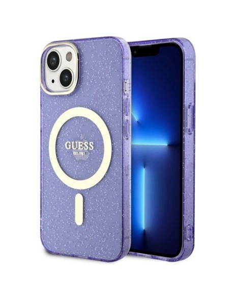 Guess Glitter Gold MagSafe dėklas iPhone 14 Plus - violetinis Guess Glitter Gold MagSafe dėklas iPhone 14 Plus - violetinis
