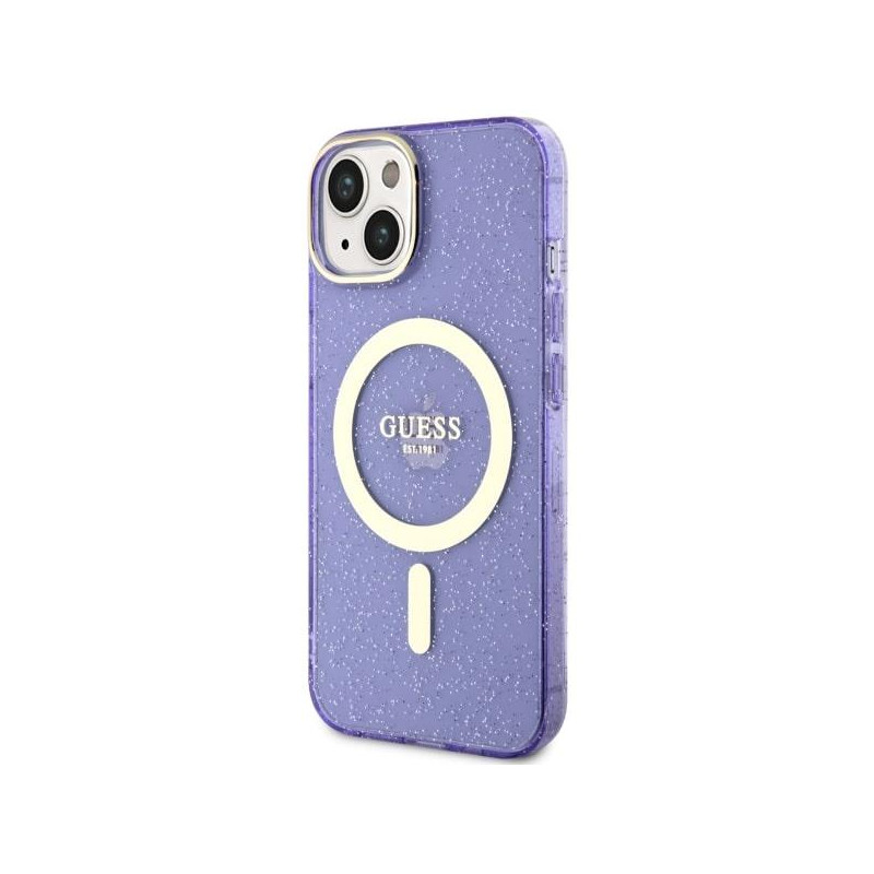 Guess Glitter Gold MagSafe dėklas iPhone 14 Plus - violetinis