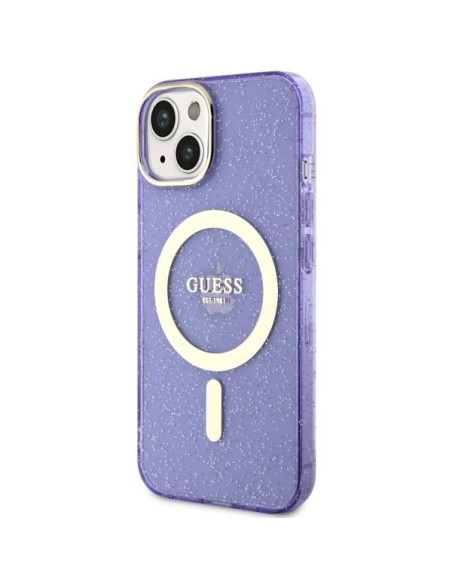 Guess Glitter Gold MagSafe dėklas iPhone 14 Plus - violetinis Guess Glitter Gold MagSafe dėklas iPhone 14 Plus - violetinis