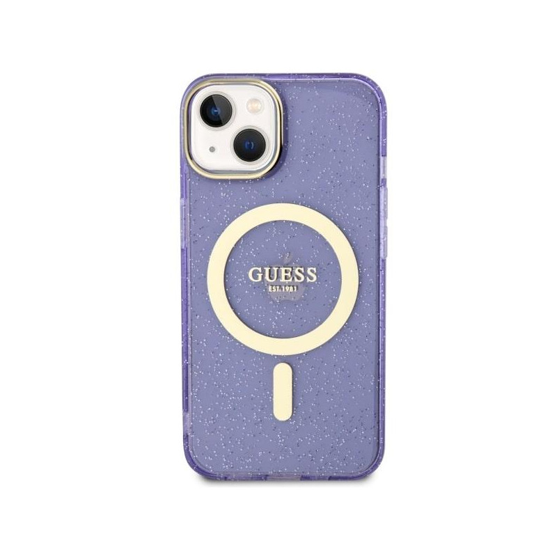 Guess Glitter Gold MagSafe dėklas iPhone 14 Plus - violetinis