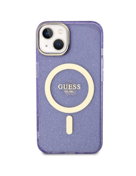 Guess Glitter Gold MagSafe dėklas iPhone 14 Plus - violetinis Guess Glitter Gold MagSafe dėklas iPhone 14 Plus - violetinis