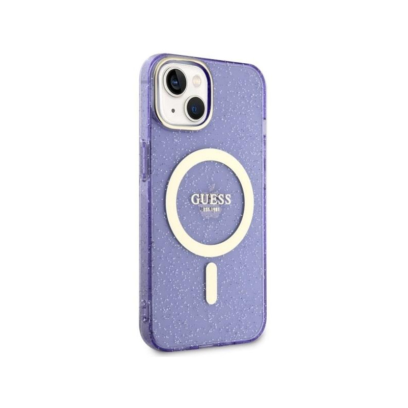 Guess Glitter Gold MagSafe dėklas iPhone 14 Plus - violetinis
