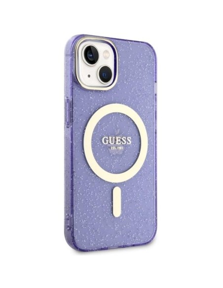 Guess Glitter Gold MagSafe dėklas iPhone 14 Plus - violetinis Guess Glitter Gold MagSafe dėklas iPhone 14 Plus - violetinis