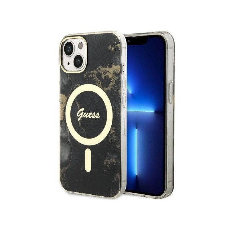 Guess Golden Marble MagSafe dėklas iPhone 14 Plus - juodas