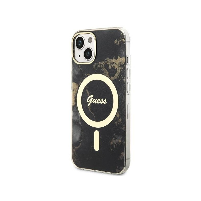Guess Golden Marble MagSafe dėklas iPhone 14 Plus - juodas