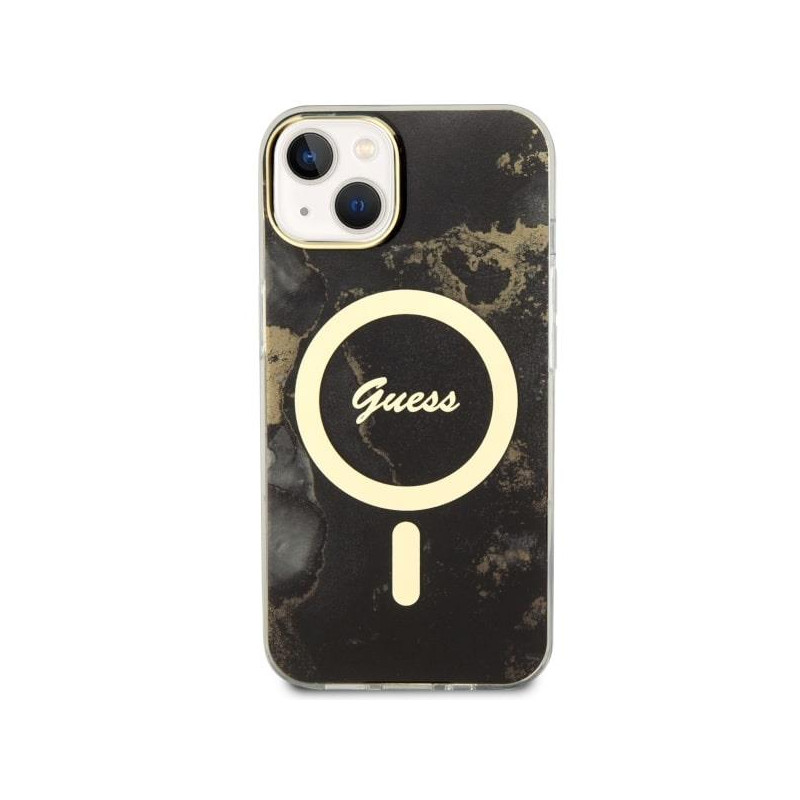 Guess Golden Marble MagSafe dėklas iPhone 14 Plus - juodas